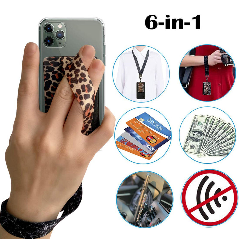 6in1-RFID Blocking Phone Grip Card Holder with Flip+Finger Strap Phone Holder+Wrist Lanyard+Neck Lanyard+Mounts to Magnets-Phone Card Wallet Card for All Smartphones (3 Pack Set) （Gold Leoard Granin） Gold Leoard Granin