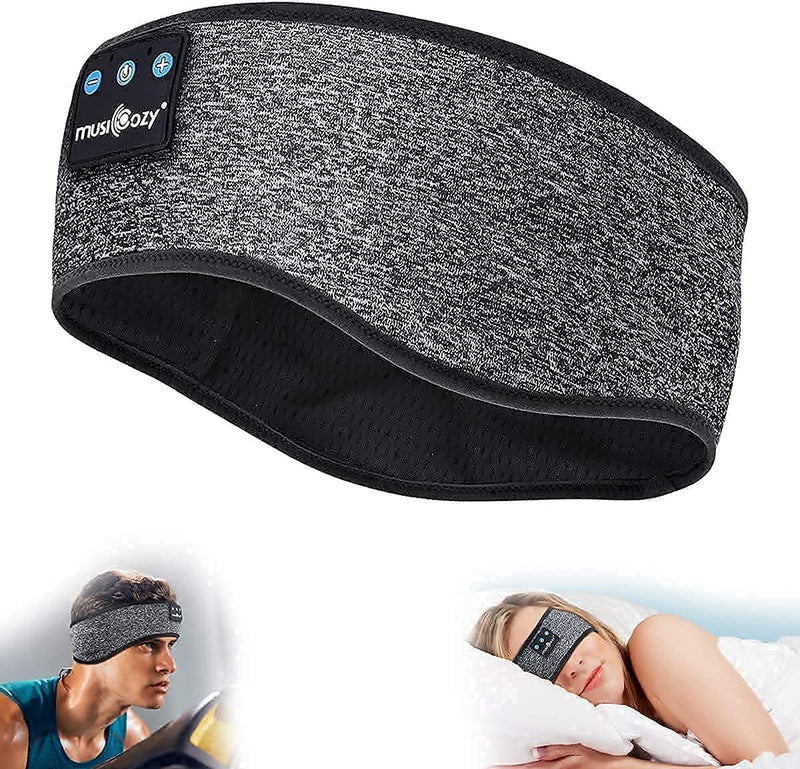 MUSICOZY Sleep Headphones Bluetooth Wireless Sports Headband, Sleeping Eye Mask Earbud for Side Sleepers Air Travel Meditation, Black Mask & Gray Headband, Pack of 2