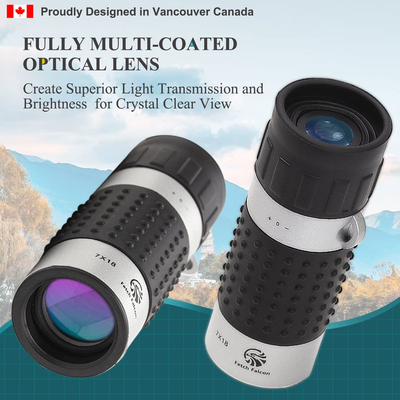 Fetch Falcon 7X18 HD FMC BAK4 Pocket Monocular (2023 Third Generation, High Powered Ultra Light Compact Monocular) Ideal Handheld Telescope for Adults and Kids (Silver) Silver