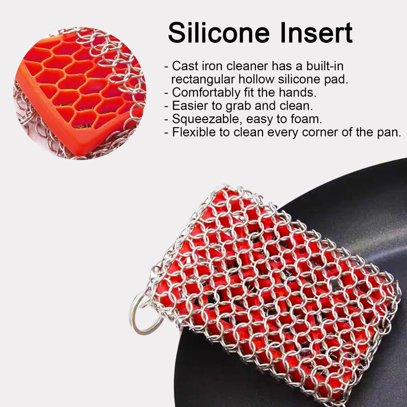 Cast Iron Cleaner,Stainless Steel Cleaner Chain Iron Scrubber with Silicone Insert,Chainmail Scrubber for Cast Iron Pans Cookware Skillet Dishwasher,Kitchen Tools Gadught (Cleaner Red)