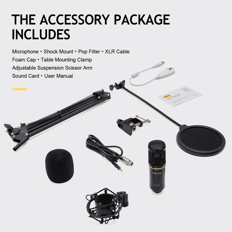 ZINGYOU Condenser Microphone Kit, BM-800 Mic Set with Adjustable Mic Suspension Scissor Arm, Metal Shock Mount and Double-layer Pop Filter for Studio Recording & Broadcasting(Black) Black