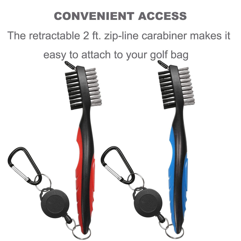 Borogo Pack of 2 Golf Club Brush Groove Cleaner with 2 Ft Retractable Zip-line and Aluminum Carabiner Cleaning Tools Blue + Red