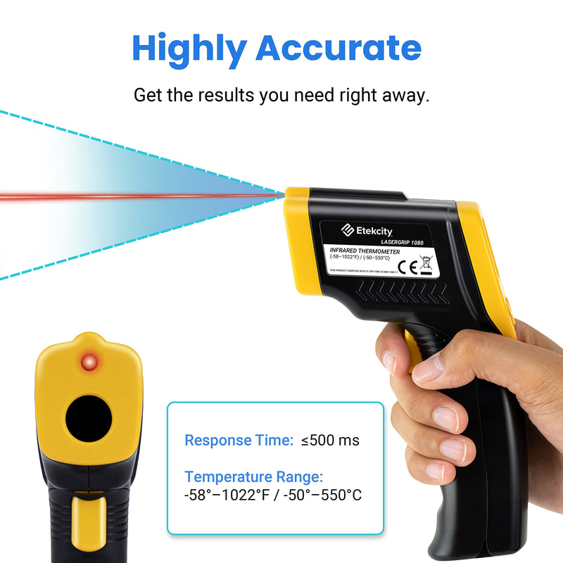 [AUSTRALIA] - Etekcity Infrared Thermometer 1080, Heat Temperature Temp Gun for Cooking, Laser IR Surface Tool for Pizza Oven, Meat, Griddle, Grill, HVAC, Engine, Accessories, -58°F to 1022°F, Yellow Lasergrip 1080 
