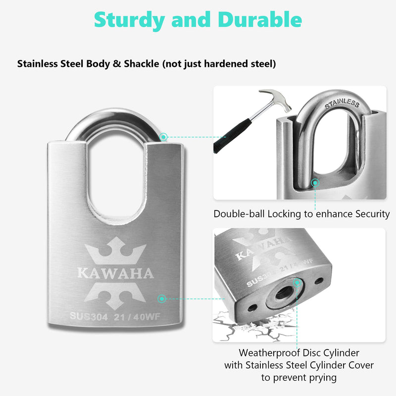 KAWAHA 21/40KA-5K High Security Stainless Steel Shrouded Padlock with Key for Both Indoor and Outdoor use (SUS304 Stainless Steel, Heavy Duty, Anti-Rust) (1-9/16 in. (40mm), Keyed Alike - 5 Keys) 1-9/16 in. (40mm)