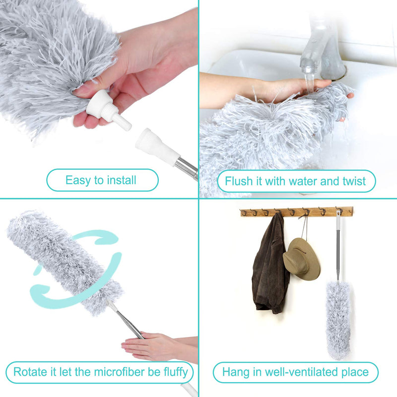 Improved Extra Long Microfiber Duster with Extension Pole (30 to 100 inches) Scratch-Resistant Cover, Bendable, Washable, Lint Free Feather Dusters for Cleaning Roof, Ceiling Fan, Blinds, Cobwebs