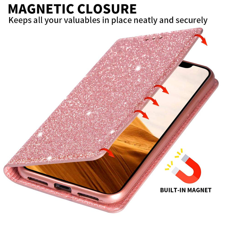 OKZone Case for Huawei Mate 20 Pro Case, Bling Sparkly PU Leather Flip Wallet [Stand Function] [Magnetic Closure] [Inner Soft TPU] Folio Case For Huawei Mate 20 Pro (Rose Gold) Rose Gold