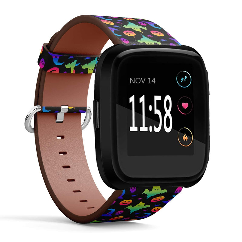 Compatible with Fitbit Versa, Versa 2, Versa Lite - Quick Release Leather Wristband Bracelet Replacement Accessory Band - Rainbow Happy Halloween