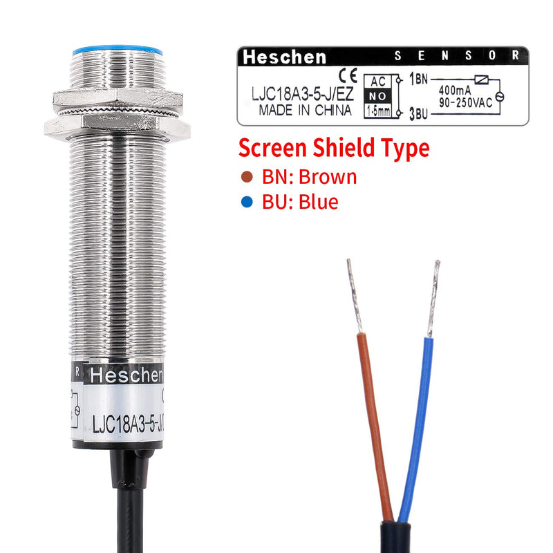 Heschen M18 Capacitive Proximity Sensor Switch Shield Type LJC18A3-5-J/EZ Detection 1-5mm 90-250VAC 400mA Normally Open(NO) 2 Wires
