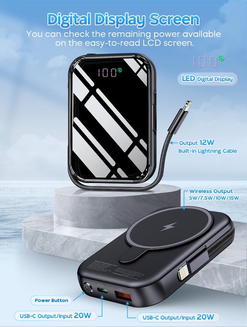 Ceftydy Magnetic Wireless Portable Charger, 10000mAh Battery Pack with USB-C Cable & LED Display, Built-in Lightning Cable, Magnetic Power Bank 20W PD Fast Charging for iPhone 14/13/12 Series