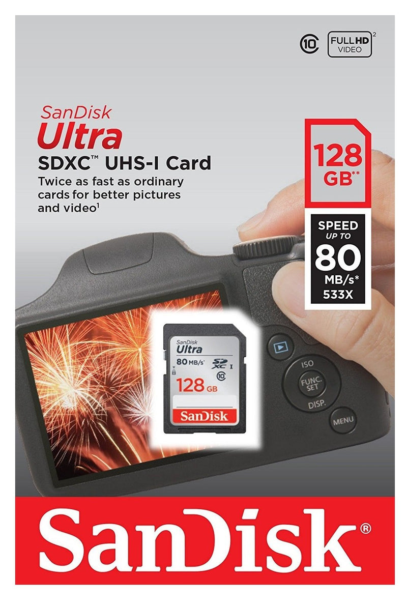 SanDisk 128GB SDXC SD Ultra Memory Card Class 10 Works with Sony Cyber-Shot DSC-W800, W830, W810 Digital Camera (SDSDUNC-128G-GN6IN) Bundle with 1 Everything But Stromboli Multi-Slot Card Reader Class 10 128GB