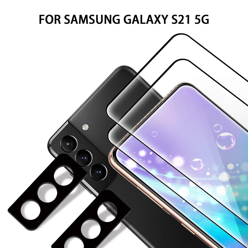 (2+2 Pack) For Samsung Galaxy S21 Screen Protector 5G Tempered Glass (6.2")(Full Coverage)(Not for Plus or Ultra) + Camera Lens Protector, (100% Support Fingerprint Unlock) [Case Friendly]