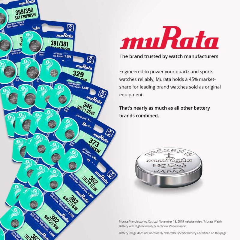 Murata 361 Battery SR721W 1.55V Silver Oxide Watch Button Cell (10 Batteries) 10 Batteries