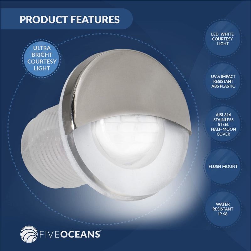 Five Oceans FO4598-M4 Interior LED White Round Courtesy Light, ABS Plastic, AISI316 Stainless Steel Half-Moon Cover, Waterproof IP68, 12 Volts DC, 2 LED Pieces, 4-Pack White - 4-Pack