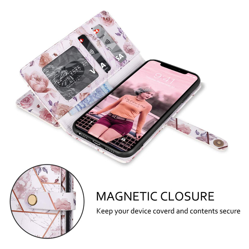 Dracool for Samsung Galaxy Note 20 Ultra Case for Samsung Note 20 Ultra 5G Wallet Case Cover for Women Girls Premium Leather with 10 Card Holder Slots Magnetic Kickstand Flip Flower - Rose Gold Marble