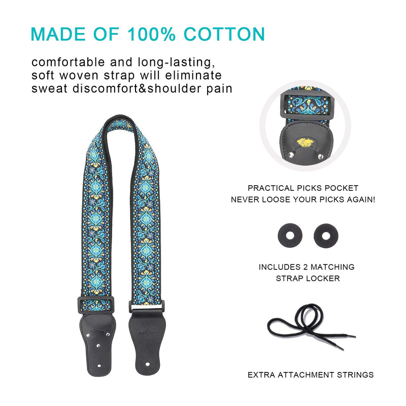 Adjustable Electric Guitar Strap/Acoustic Guitar Strap/Bass Strap-Soft Woven Embroidered Genuine leather Ends Guitar Strap with 1 Pick Holder, Free Bonus- 2 Silica gel Strap Locks +1 Extra String,Blue Blue Woven