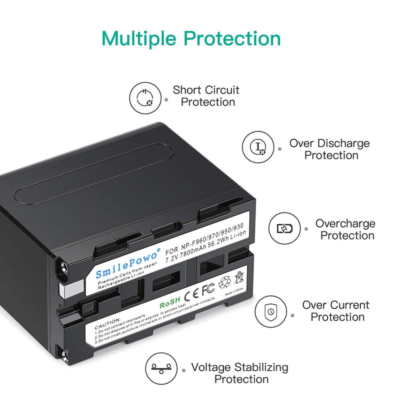 SmilePowo 2 Pack NP-F970 Battery 7800mAh for Sony NP-F975, NP-F960, NP-F950, NP-F930, NP-F770, NP-F750, NP-F550, DCR, DSR, HDR, FDR, HVR, HVL and LED Light