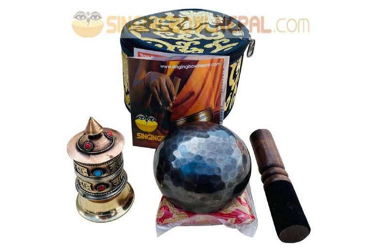 Hand Beaten C Root Chakra Tibetan Meditation Yoga Singing Bowl 3 Inch Set Includes Free Table Top Prayer Wheel