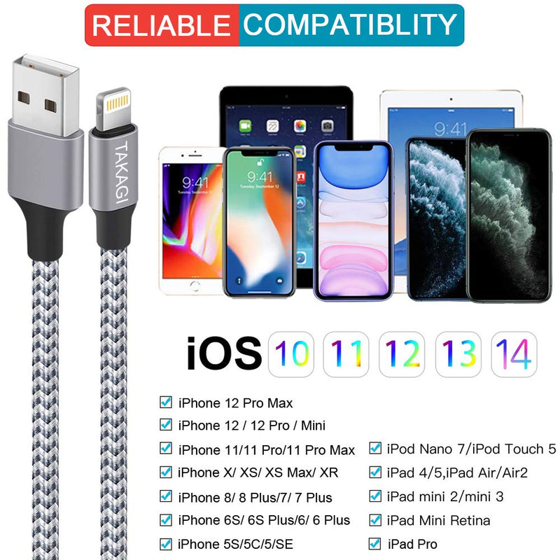 iPhone Charger, TAKAGI 3Pack 6FT Nylon Braided Lightning to USB Cable Power Fast Charging Data Sync Transfer Cord[Apple MFi Certified]Compatible with iPhone 12 11 Pro Max XS XR X 8 7 Plus 6S SE iPad White