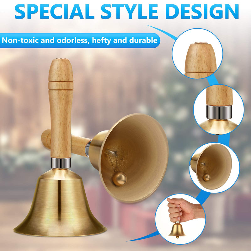 2 Pieces Solid Brass Hand Call Bells with Wooden Handle Handbells Loud Ringing Bell Solid Brass Wooden Handle Bell Hand Held Service Bell Animal Bell Decoration (3.15 x 3.15 x 5.9) 3.15 x 3.15 x 5.9