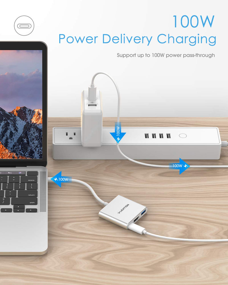 LENTION 3-in-1 USB C Hub with 100W Type C Power Delivery, USB 3.0 & 4K HDMI Adapter Compatible 2021-2016 MacBook Pro 13/15/16, New Mac Air/Surface, More, Stable Driver Certified (CB-C14, Silver)