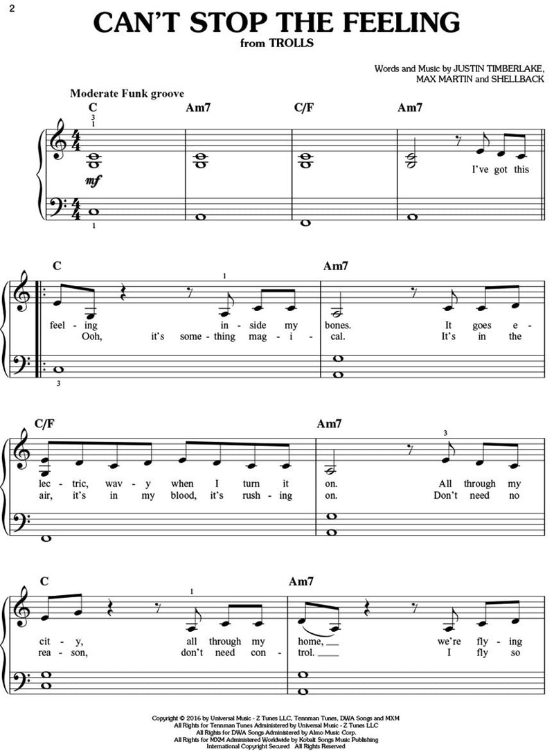 Justin Timberlake - Can't Stop The Feeling - EASY PIANO Sheet Music Single