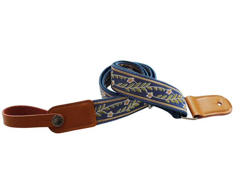 MUSIC FIRST Original Design Vintage Blue “Jasmine” Soft Meshbelt & Genuine Leather Ukulele Strap Ukulele Shoulder Strap With a MUSIC FIRST Genuine Leather Strap Locker