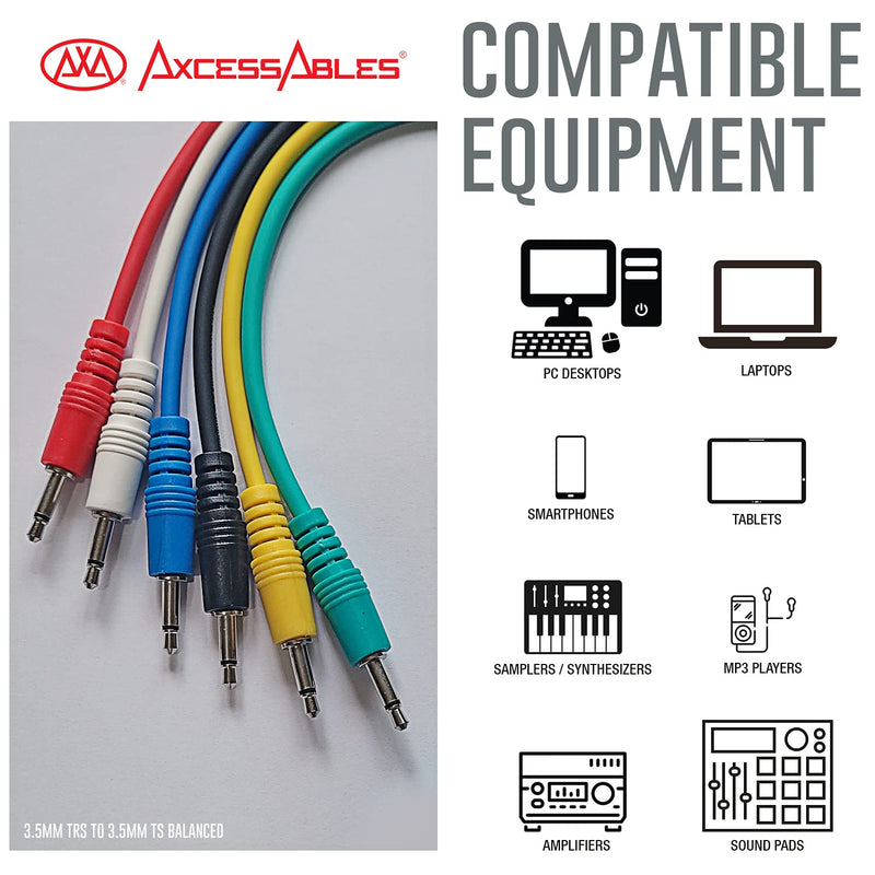 AxcessAbles 1/8 inch (3.5mm) TS to 1/8 inch (3.5mm) TS Unbalanced Mono Patch Cables for Music Producers, Eurorack Synthesizer, Multi-Color 6 Pack (1.5ft)