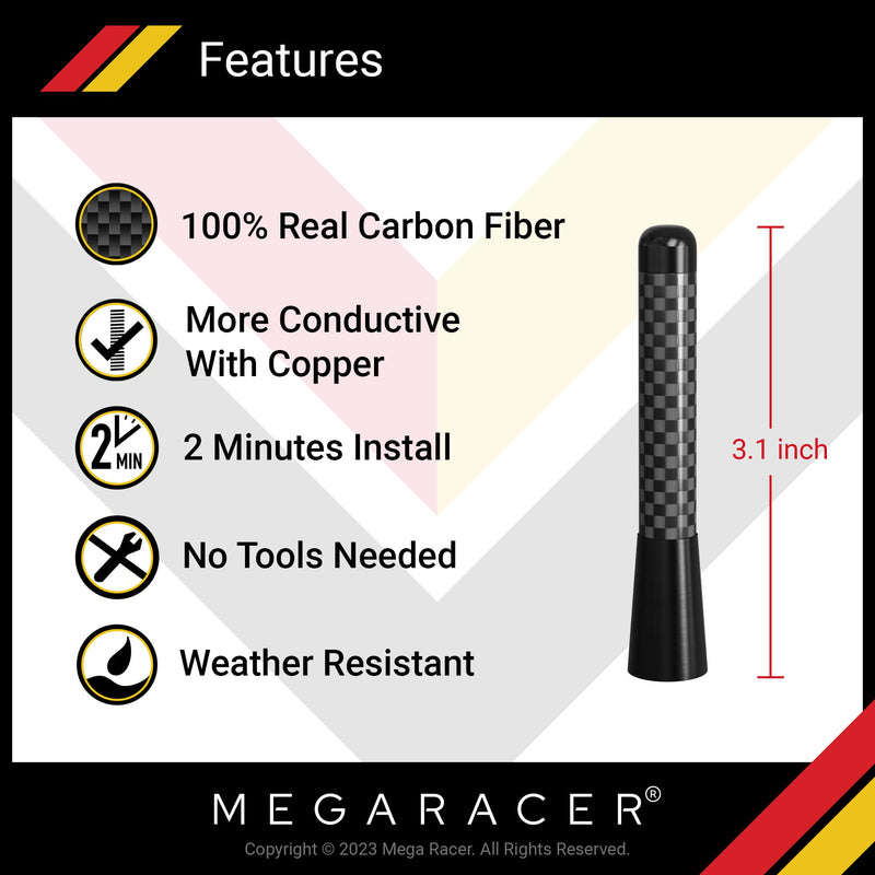 [AUSTRALIA] - Mega Racer 3" 76 mm Carbon Fiber Polished Finish Black Short Automotive Antenna with Internal Copper Coil AM FM Compatible for Car and Truck Vehicle, 1 Piece 