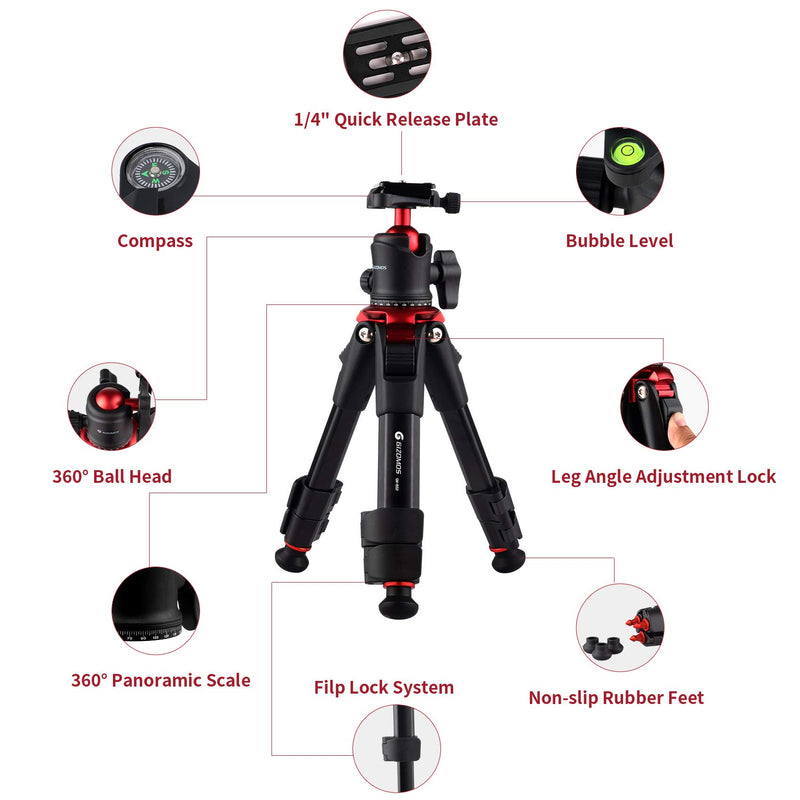 GIZOMOS GM-BS2 18.1" Portable Desktop Mini Tripod for DSLR, 360 Degree Ball Head Tripod for Travel, Load up to 5kg/11lb, with 1/4" Quick Release Plate and Carry Bag