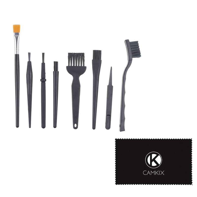 CamKix Multi-Purpose Brushes (Black) - 9 Pack - 7X Multi-Sized Brushes, 1x Anti-Static Tweezers, 1x Cleaning Cloth - Small Gaps - Computers, Keyboards, PCBs, Vents, Car Interior, Window Track