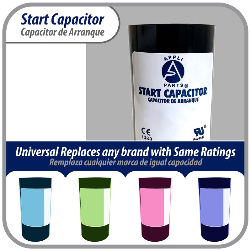 Appli Parts motor start capacitor 216-259 Mfd (microfarads) uF 330VAC universal fit for electric motor applications 1-3/4 in Wide 3-3/8 in Height CON-216-330 330 Vac