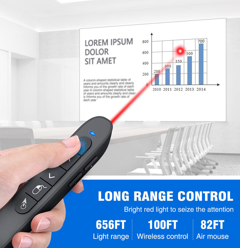 DINOSTRIKE Wireless Presenter Remote with Air Mouse Control, Rechargeable USB Presentation Clicker PPT Pointer RF 2.4GZ PowerPoint Clicker Slide Advancer for Computer Laptop Mac Red Laser