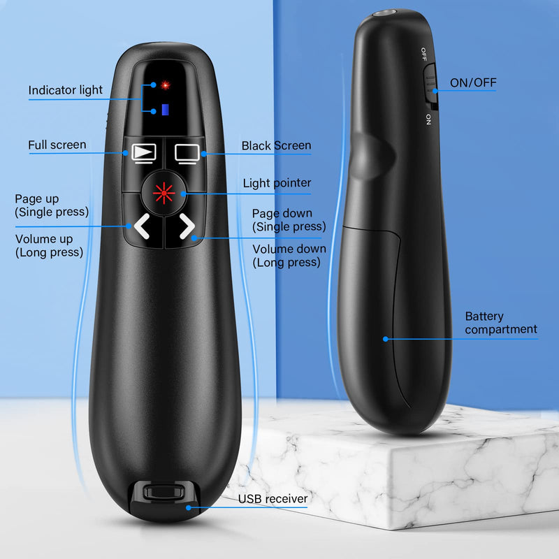 NinjaABXY Presentation Clicker Wireless Presenter Remote Clicker for PowerPoint Presentation, Laser Pointer RF 2.4GHz USB PowerPoint Clicker Slide Advancer with Volume Control for Computer/Laptop/Mac