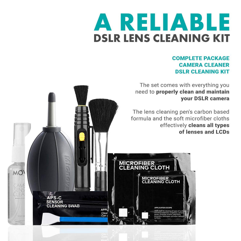 Movo Deluxe Essentials DSLR Camera Cleaning Kit with 10 APS-C Cleaning Swabs, Sensor Cleaning Fluid, Rocket Air Blower, Lens Pen, Soft Brush, 2X Small and 2X Large Microfiber Cloths and Carrying Case