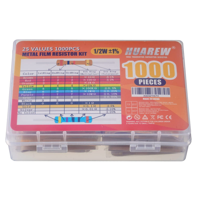 HUAREW 25 Values Single Resistor Kit with 1000 Pcs 1 Ohm-1M Ohm 1/2 W 1% Metal Film Resistors Assortment Kit for DIY Projects and Experiments