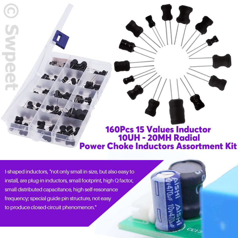 Swpeet 90Pcs 15 Values Inductor 10UH - 20MH Assortment Kit, High Self-Resonance Frequency Choke Coil Inductors DIP Radial Power Choke Inductors for PVC or UL Tube (90) 90