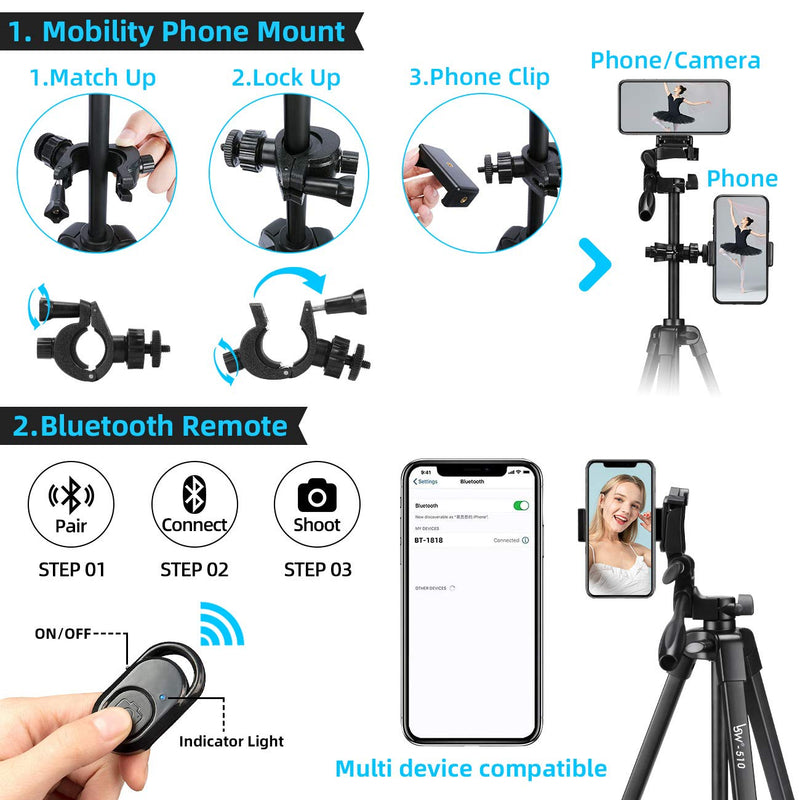 Lusweimi Tripod for iPhone/Camera, 55-Inch Selfie Phone Tripod Stand with Bluetooth Remote&2 Phone Holders, Aluminum Lightweight Tripod Bag for Video/Vlog/Photography/Nikon/Canon/Sony Mirrorless