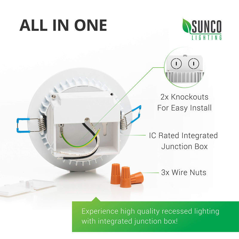 Sunco Lighting 4 Inch Slim LED Downlight, Integrated Junction Box,10W=60W, 650 LM, Dimmable, 5000K Daylight, Recessed Jbox Fixture, IC Rated, Simple Retrofit Installation - ETL & Energy Star