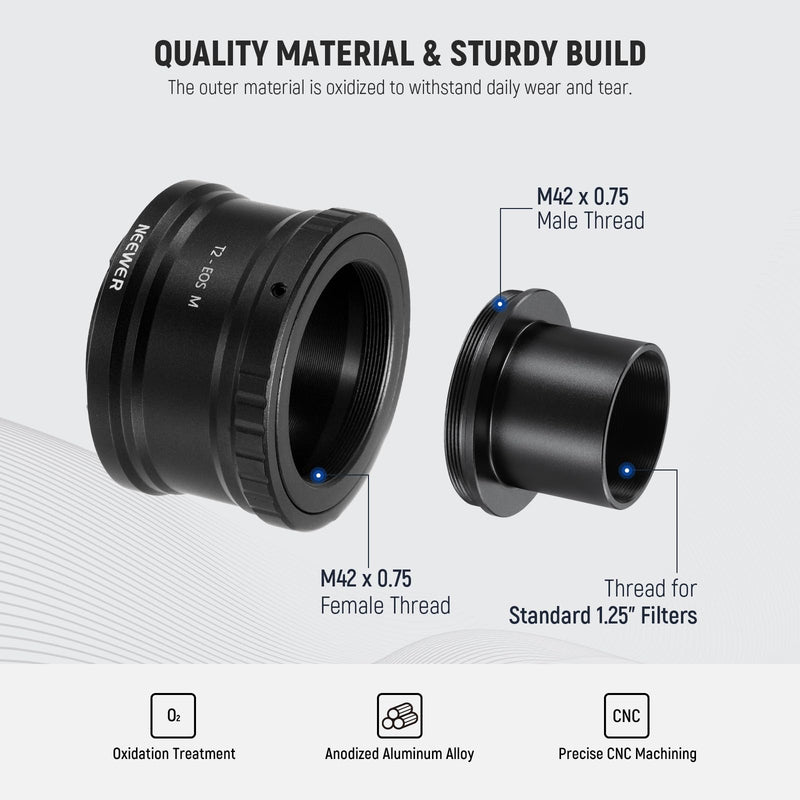 NEEWER EF-M to T2 Adapter with 1.25" Telescope Adapter Set, T Ring T Mount EOS M Telescope Lens Adapter Compatible with Canon EOS M M2 M3 M5 M6 M10 M50 M100 M200 Telescope Spotting Scope, LS-T13