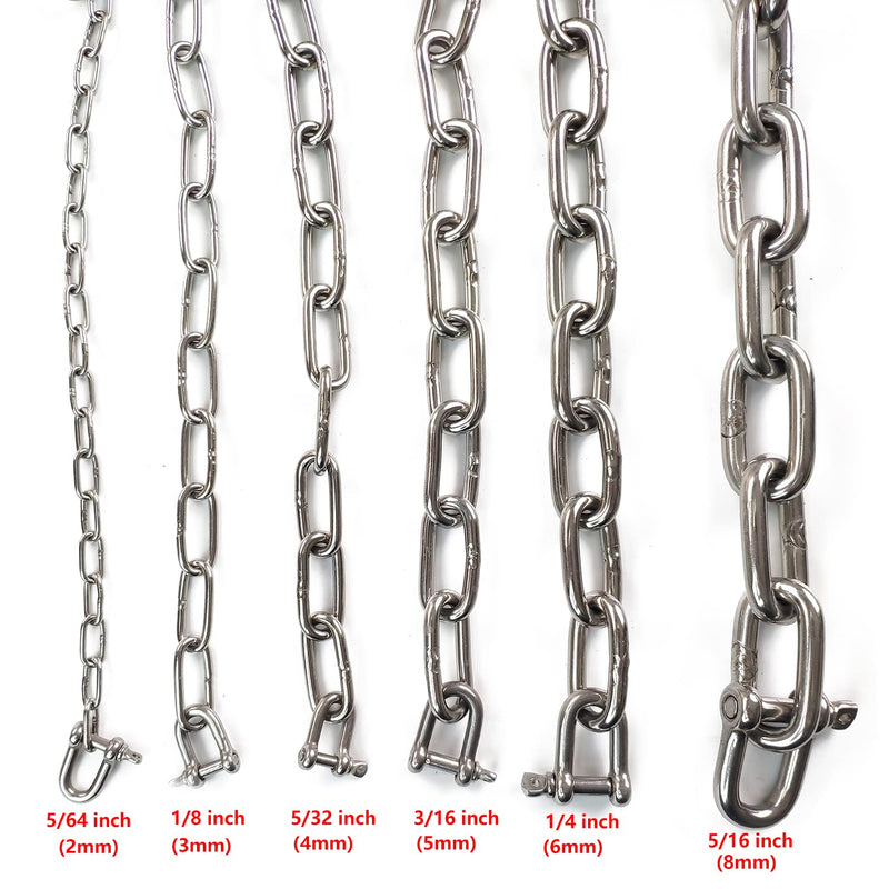 JENSWILL 1/8 inch (3mm) -6.5ft(Length) Stainless Steel 304 Chain,Metal Chain Utility Chain Heavy Duty Chain for Guardrail, Swing, Lifting, Trailer,Pet,Hanging Clothes with 2 Shackles 1/8 inch (3mm) Length-6.5ft(2m)