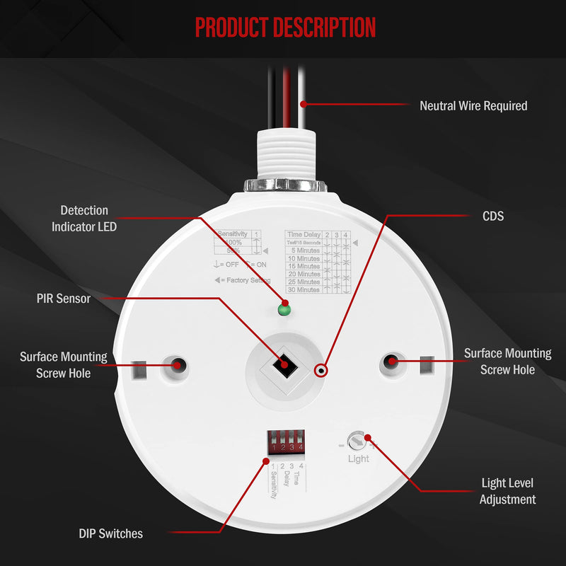 Enerlites MPC-50H Ceiling Sensor Switch Passive Infared (PIR) Commercial/Industrial Grade - White High Bay Sensor