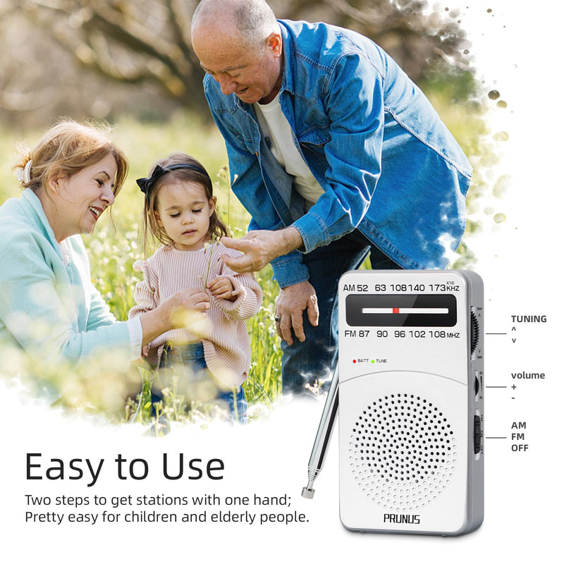 PRUNUS J-166 Portable Radio AM FM, Battery Operated Radio with Tuning Light, Back Clip, Excellent Reception for Indoor & Outdoor & Emergency Radio, AM FM Radio Portable, Transistor Radio Silver