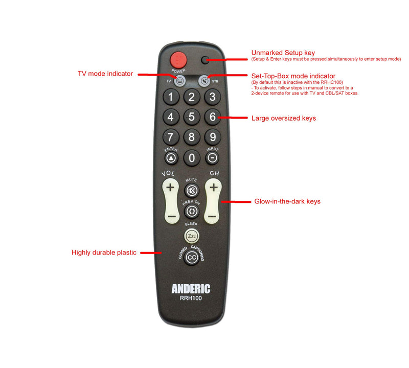 Anderic Universal TV Remote Control - 1-Device - TV Only - Great for Seniors/Hospitality/Hotels/Motels - Senior Remote - Jumbo Remote - RRH100 (1-Pack) 1-Pack