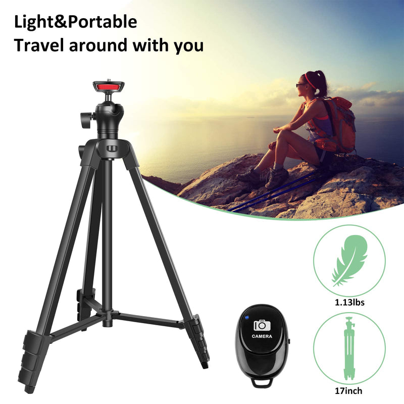55" Mobile Phone/Tablet Tripod, Lightweight Adjustable Aluminum Stand with 360° Ball Head,Remote Shutter and Phone/Tablet Mount for Live Streaming, Video Calls, Teaching and Camera Shooting