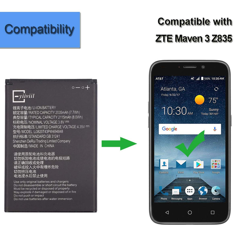 New Replacement Battery LI3820T43P4H694848 Compatible with ZTE Z835 Maven 3 Z835 Overture3 Z851M N9136 Prestige 2 with Tools