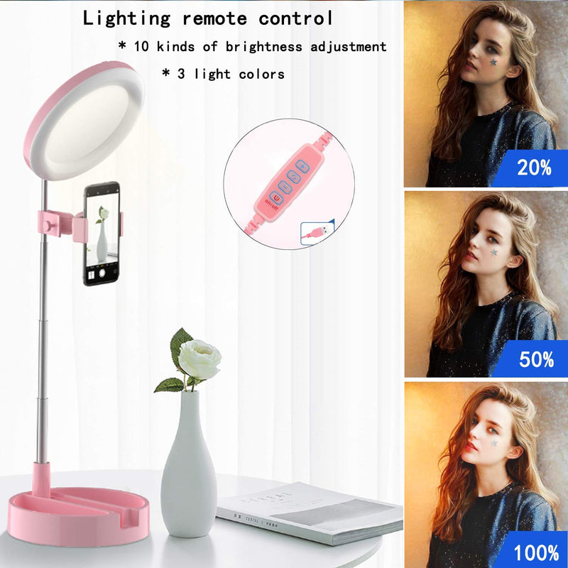 LED Ring Light Foldable Fill Light with Mirror Mobile Phone Holder, 3 Color Modes and 10 Brightness Ring Light for YouTube Video Live Streaming Make-up Photography USB Charging(Pink) Red
