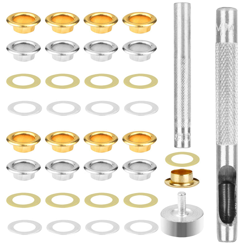 100 Sets Grommets Eyelets Kit, Grommets and Washers with 3 Pieces Install Tools, Metal Grommets Kit for Clothes Hats Shoes Leather Bags and DIY Crafts (6MM, Gold+Silver) 6MM