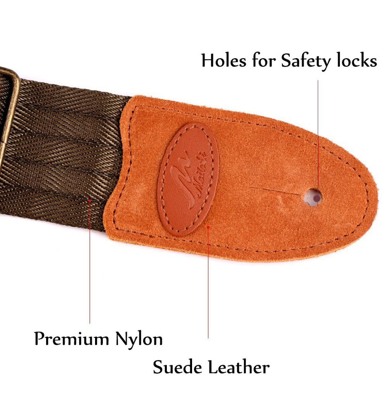 Guitar Strap with Suede Leather Ends for Electric Guitar, Acoustic Guitar and Bass, Includes 2 Safety Locks, 1 Leather-made Guitar Strap Button, Best for Guitar Players (Brown) Brown