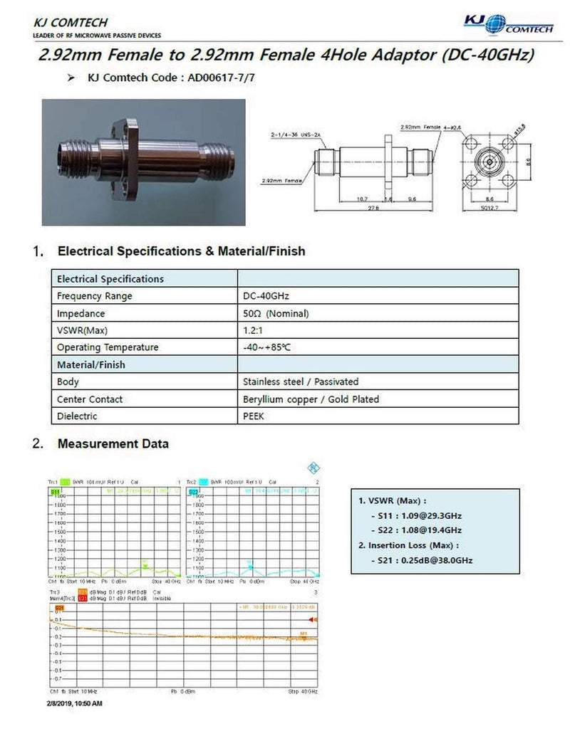 RF Solution | 2.92mm (Jack) 2.92mm (Jack) RF Straight Precision Adapter | DC~40Ghz | Stainless Steel Body & passivated Plating | ROHS Compliant