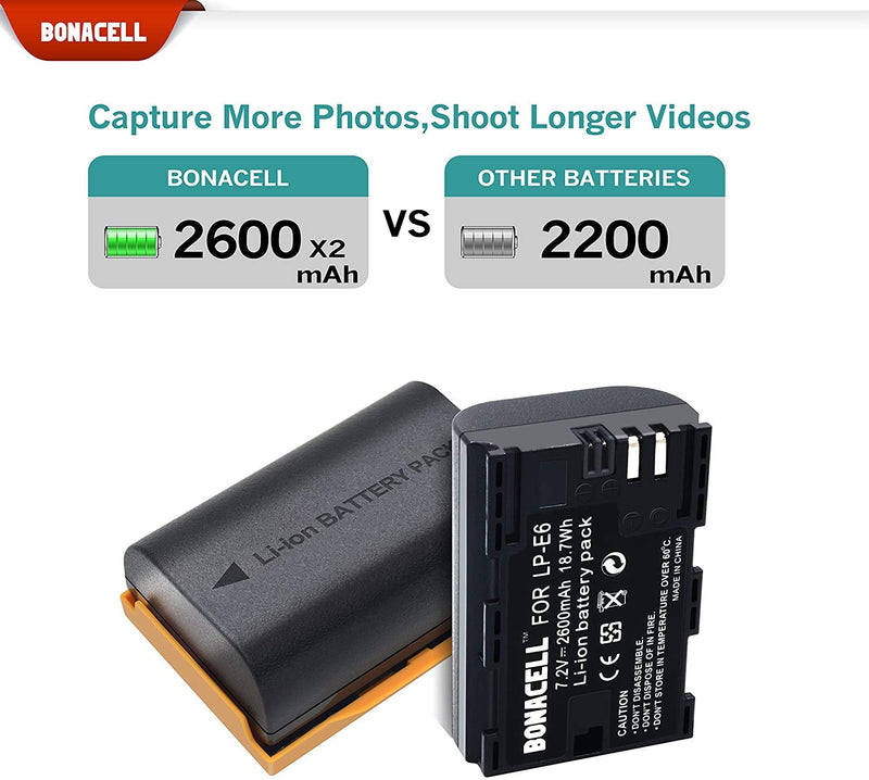 Bonacell LP-E6 Battery 2600mAh and Charger Kit Compatible with Canon EOS R, 70D, EOS 80D, EOS 60D, 60Da, EOS 5D Mark II/III/IV, EOS 5DS, 5DS R, EOS 6D, EOS 7D, 7D Mark II Camera